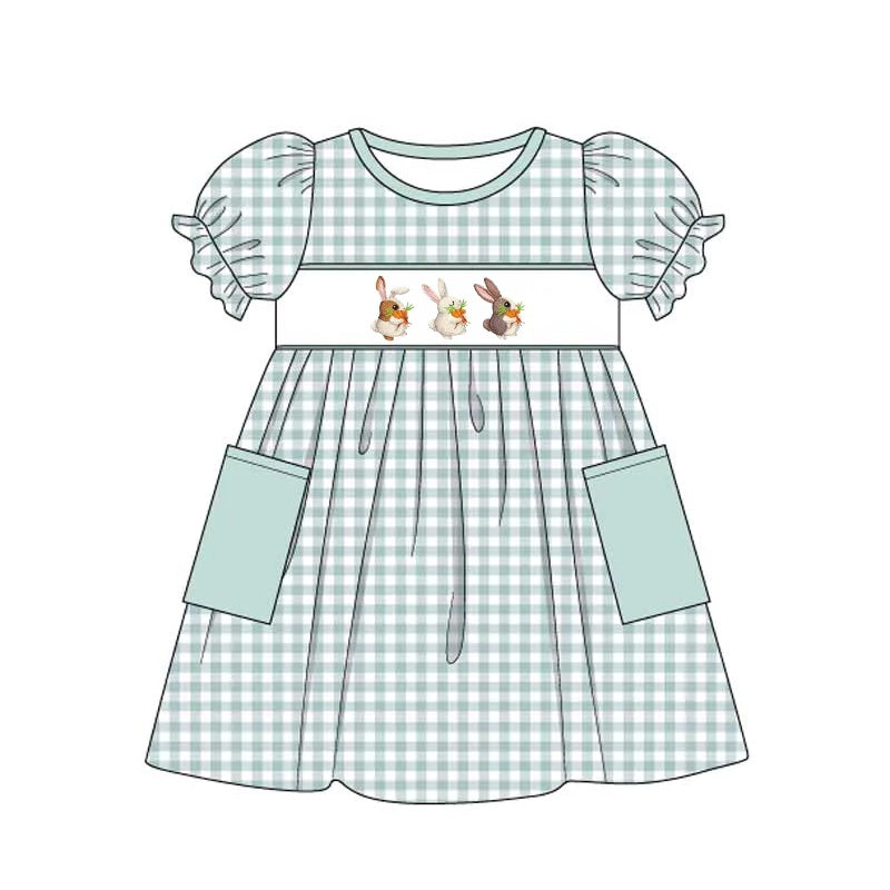 preorder GSD0620 Easter carrot rabbit green checkered pockets short sleeve girls dress