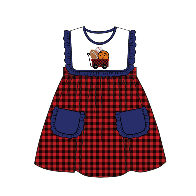 preorder GSD0627 Football Basketball Baseball Red Checkered Pockets Sleeveless Girls Dress