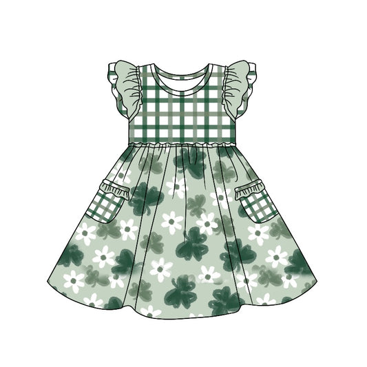 preorder GSD0639 Saint Patrick Clover Flowers Green Checkered Flutter Sleeve Girls Dress