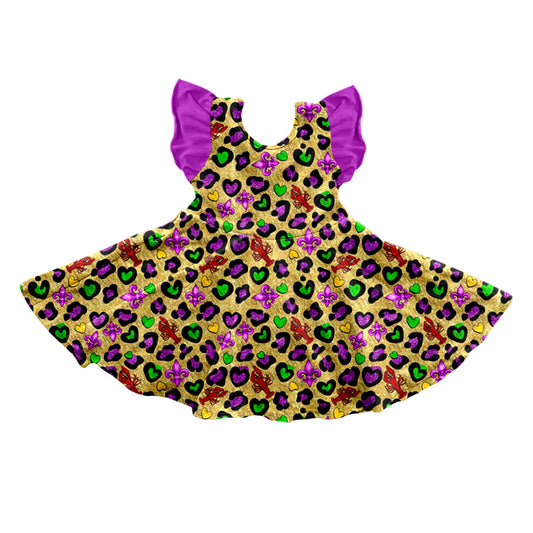 preorder GSD0646 Mardi Gras Purple Green Leopard Flutter Sleeve Girls Dress