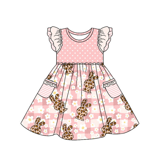 preorder GSD0651 Easter Leopard Rabbit Pink Flowers Checkered Pockets Flutter Sleeve Girls Dress