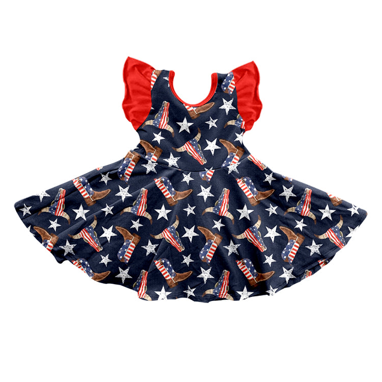 preorder GSD0652 July 4th Boot Cow Star Navy Flutter Sleeve Girls Dress