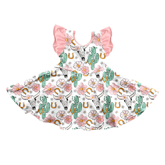preorder GSD0653 Western Cactus Cow Flowers Pink Flutter Sleeve Girls Dress