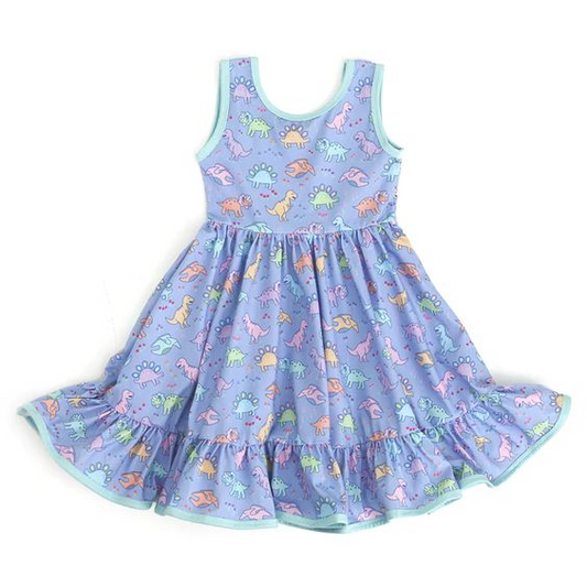 preorder GSD0655 Colorful Dinosaur Purple Sleeveless Girls Dress