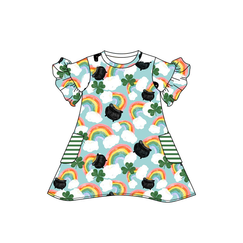 preorder GSD0661 Saint Patrick Rainbow Pocket Short Sleeve Girls Dress
