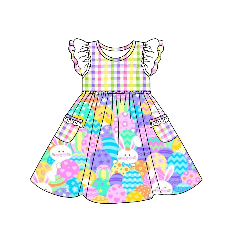 preorder GSD0663 Easter Rabbit Egg Pockets Colorful Checkered Flutter Sleeve Girls Dress