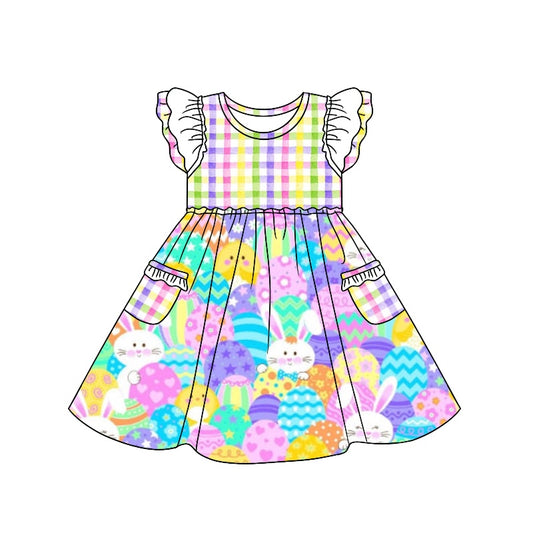 preorder GSD0663 Easter Rabbit Egg Pockets Colorful Checkered Flutter Sleeve Girls Dress