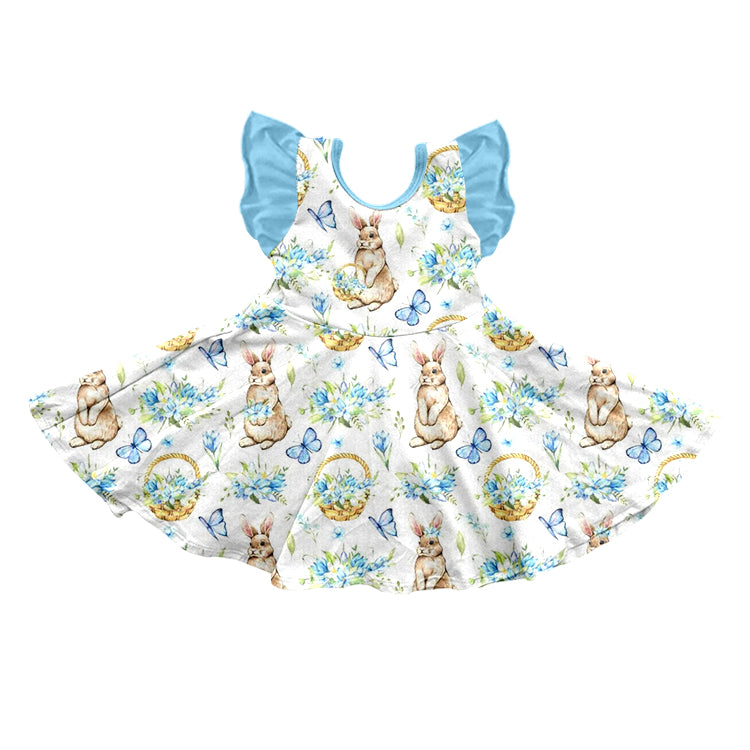 preorder GSD0664 Easter Rabbit Flowers Blue Flutter Sleeve Girls Dress