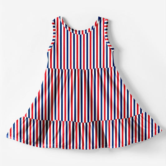 preorder GSD0666 July 4th Blue Red Striped Sleeveless Girls Dress