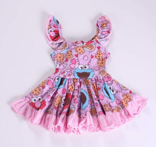 preorder GSD0669 Valentine's Day Cartoon Heart Cookie Pink Flutter Sleeve Girls Dress