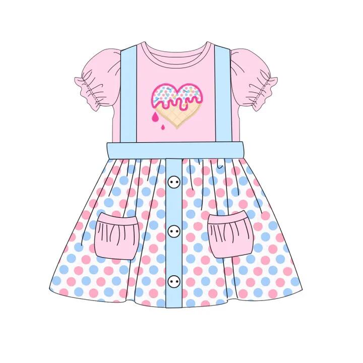 preorder GSD0676 Valentine's Day Heart Pink Short Sleeve Colorful Dot Pockets Skirt Girls Set