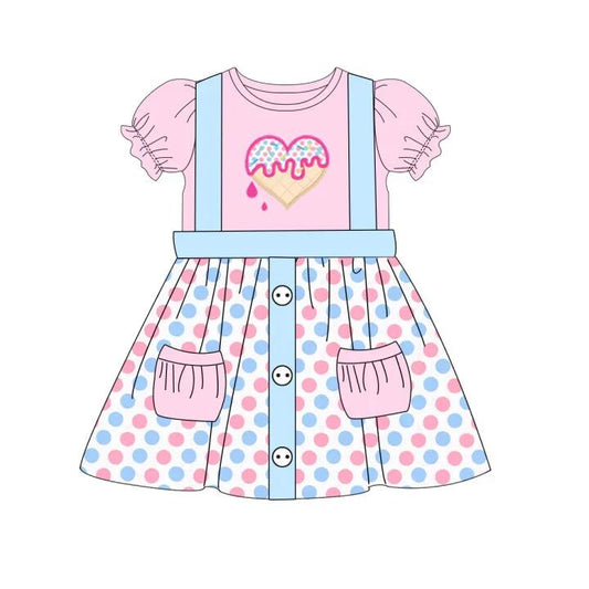 preorder GSD0676 Valentine's Day Heart Pink Short Sleeve Colorful Dot Pockets Skirt Girls Set