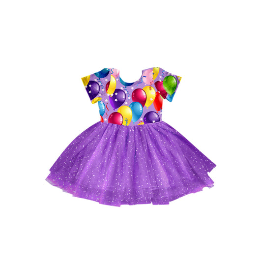 preorder GSD0679 Happy Birthday Balloon Purple Short Sleeve Girls Tutu Dress