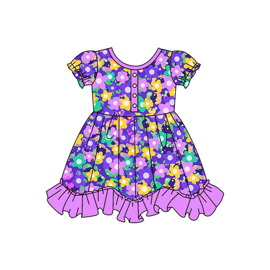 preorder GSD0683 Mardi Gras Flowers Purple Short Sleeve Girls Dress