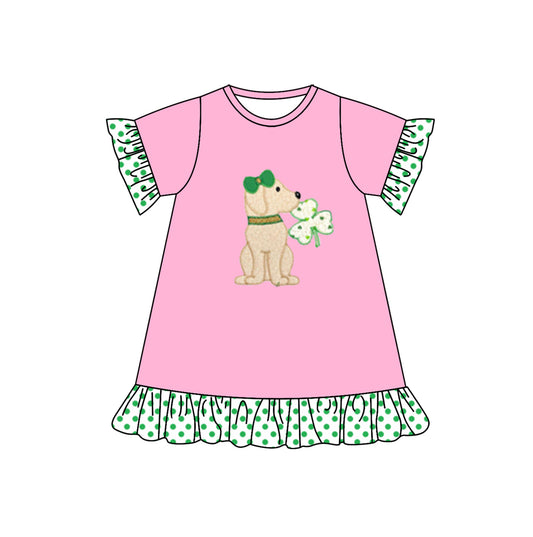 preorder GSD0690 Saint Patrick Dog Clover Pink Short Sleeve Girls Dress