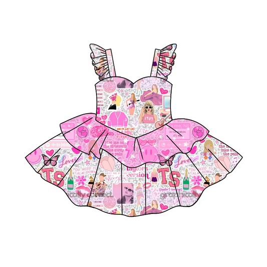 preorder GSD0691 Baby Girl Country Sweet Singer Pink Flutter Sleeve Girls Dress Kids Clothes