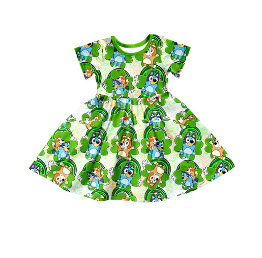preorder GSD0698 Baby Girl Clover Blue Dog Green Short Sleeve Girls Dress Kids Saint Patrick Clothes