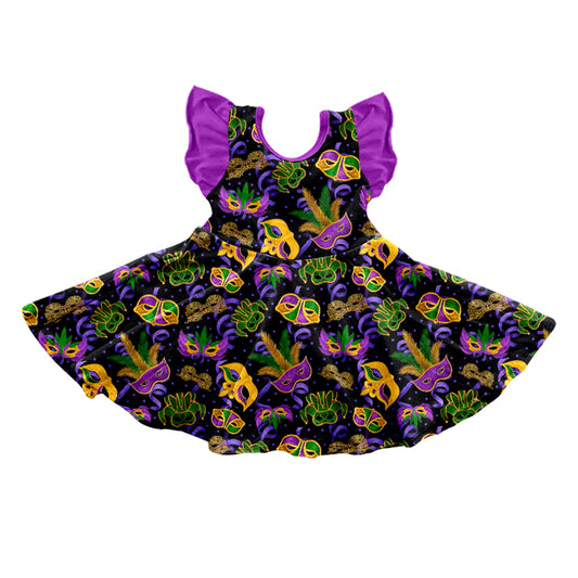 preorder GSD0700 Baby Girl Mask Purple Flutter Sleeve Girls Dress Kids Mardi Gras Clothes