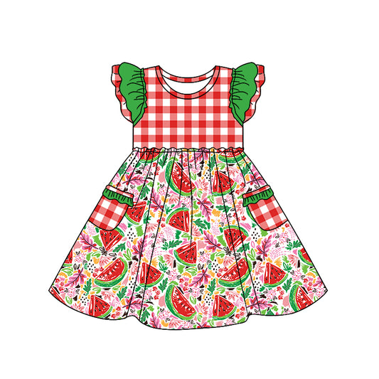 preorder GSD0703 Watermelon Red Checkered Pockets Flutter Sleeve Girls Dress