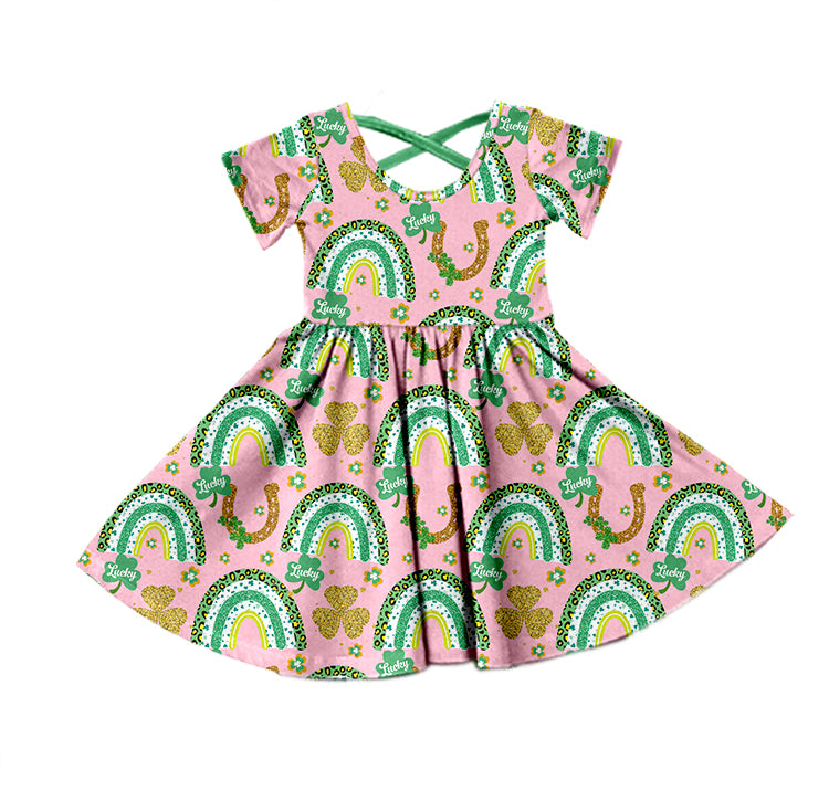 preorder GSD0704 Clover Rainbow Green Pink Short Sleeve Girls Dress Kids Saint Patrick Clothes