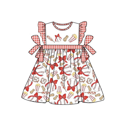 preorder GSD0712 Baseball Red Checkered Ruffles Flutter Sleeve Girls Dress