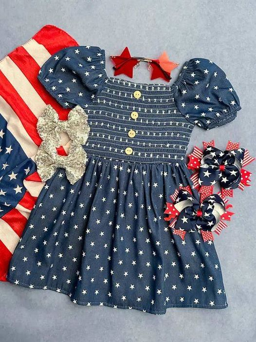 preorder GSD0716 July 4th Blue Star Short Sleeve Girls Dress