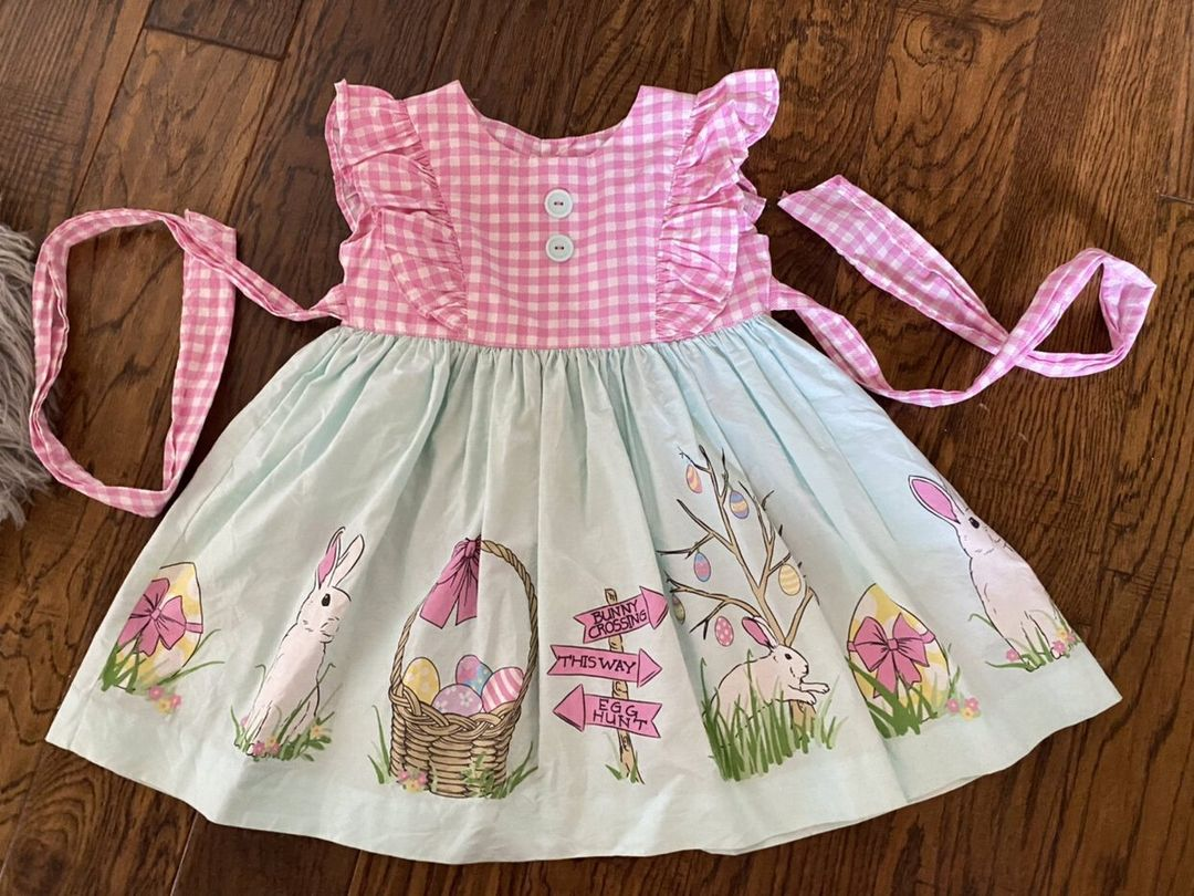 preorder GSD0719 Easter Rabbit Egg Pink Checkered Flutter Sleeve Girls Dress