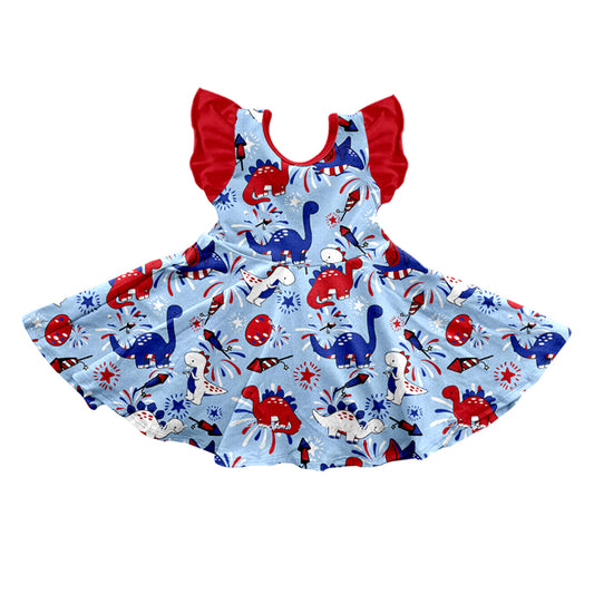 preorder GSD0727 July 4th Dinosaur Blue Flutter Sleeve Girls Summer Dress