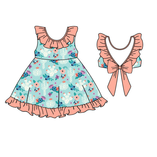 preorder GSD0728 Cactus Flowers Blue Sleeveless Girls Dress