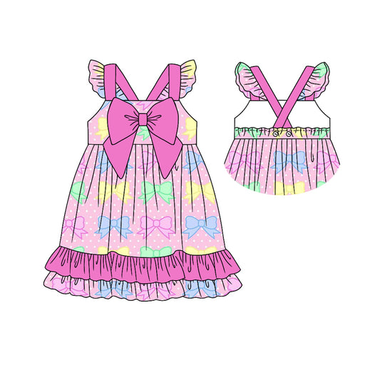preorder GSD0729 Colorful Bowknot Flutter Sleeve Hot Pink Girls Dress