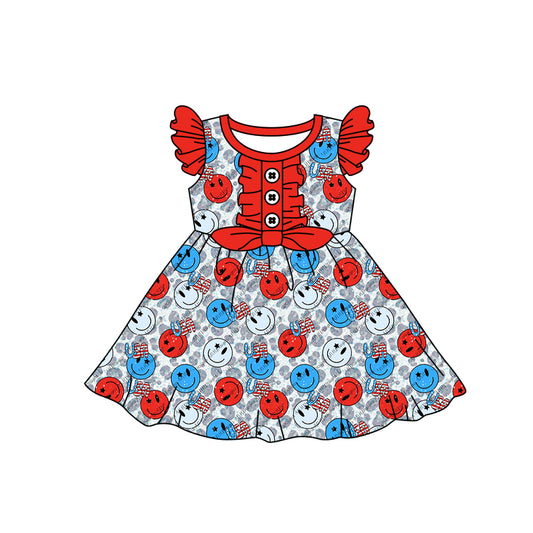 preorder GSD0732 July 4th USA Red Blue Smile Leopard Flutter Sleeve Girls Dress