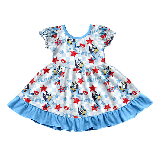 preorder GSD0743 July 4th Cartoon Blue Dog Red White Blue Short Sleeve Girls Dress