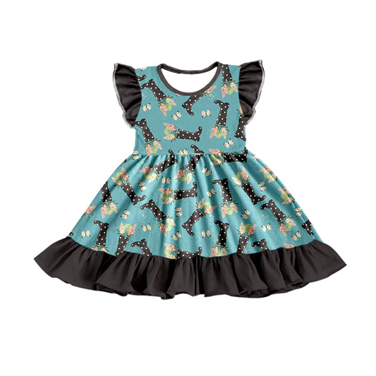 preorder GSD0746 Western Boot Flowers Blue Flutter Sleeve Girls Dress