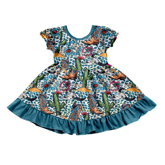 preorder GSD0747 Western Boot Cactus Blue Leopard Short Sleeve Girls Dress