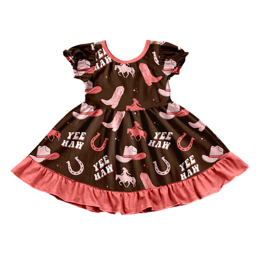 preorder GSD0748 Western Yee Haw Boot Hat Horse Shoe Red Short Sleeve Girls Dress