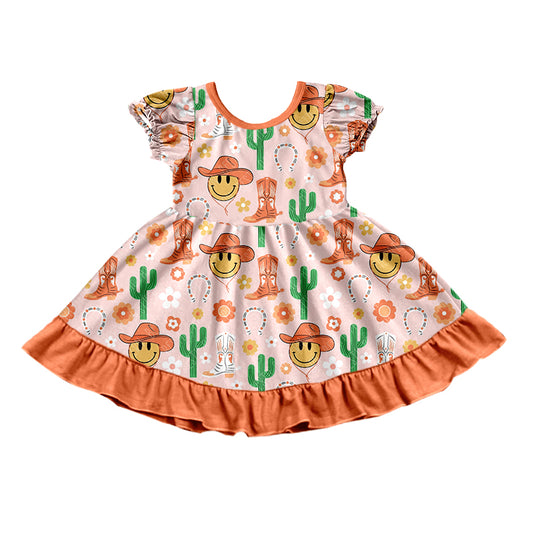 preorder GSD0749 Western Boot Cactus Smile Pink Short Sleeve Girls Dress