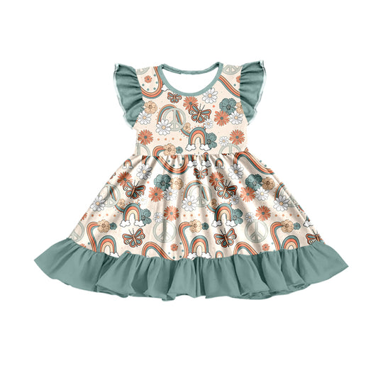 preorder GSD0758 Rainbow Cow Flowers Blue Flutter Sleeve Girls Dress