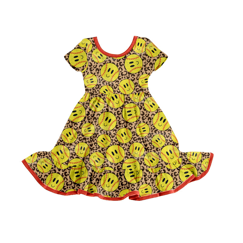 preorder GSD0773 Smile Yellow Softball Leopard Short Sleeve Girls Dress