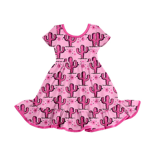 Preorder GSD0789 Western Cactus Flowers Hot Pink Short Sleeve Girls Dress