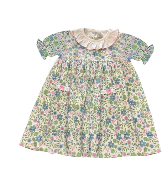 Preorder GSD0800 Colorful Flowers Pockets Short Sleeve Girls Dress