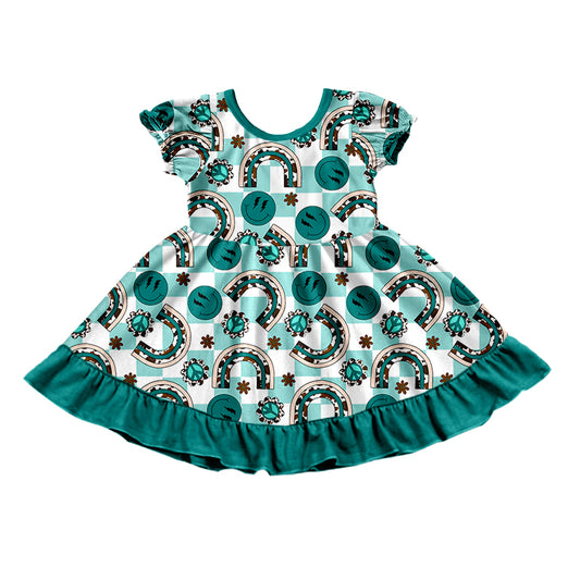 preorder GSD0822 Green Smile Rainbow Checkered Short Sleeve Girls Dress