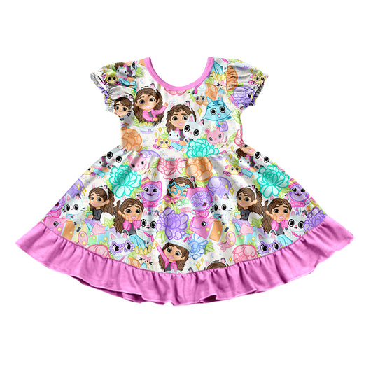 preorder GSD0826 Cartoon Cat Purple Short Sleeve Girls Dress