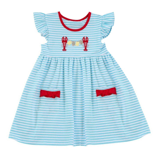 preorder GSD0828 Crayfish blue striped flutter sleeve girls dress