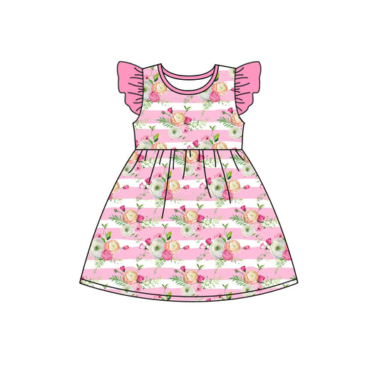 preorder GSD0831 Pink Flowers Striped Flutter Sleeve Girls Dress