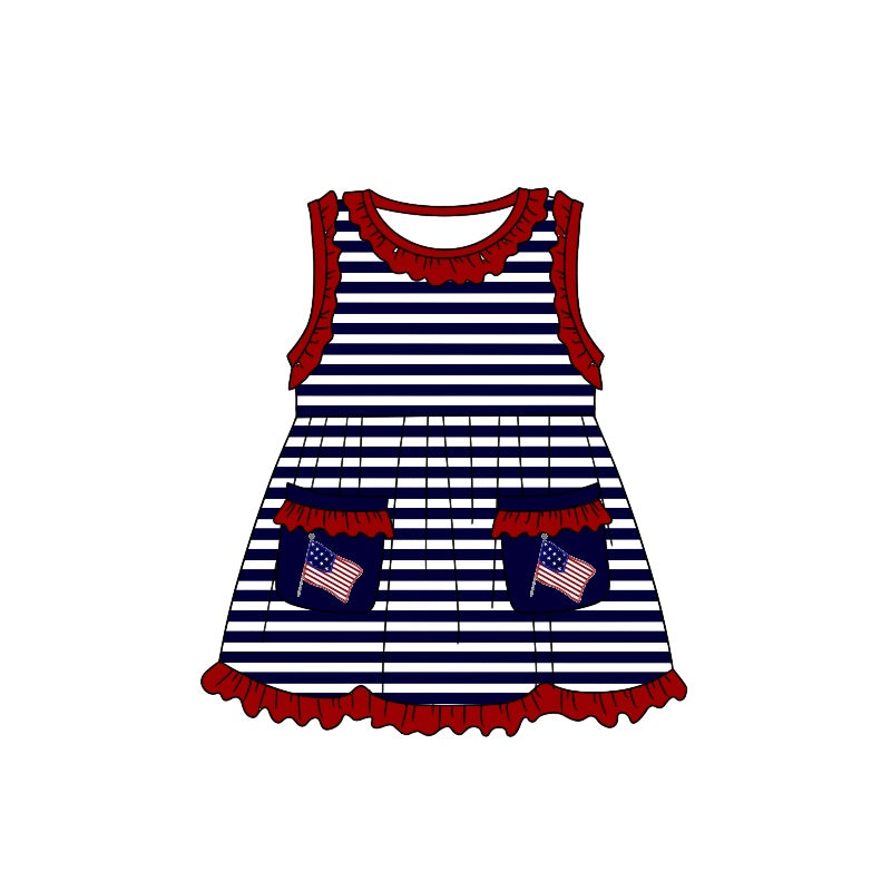 preorder GSD0844 July 4th flag pockets black striped sleeveless girls dress