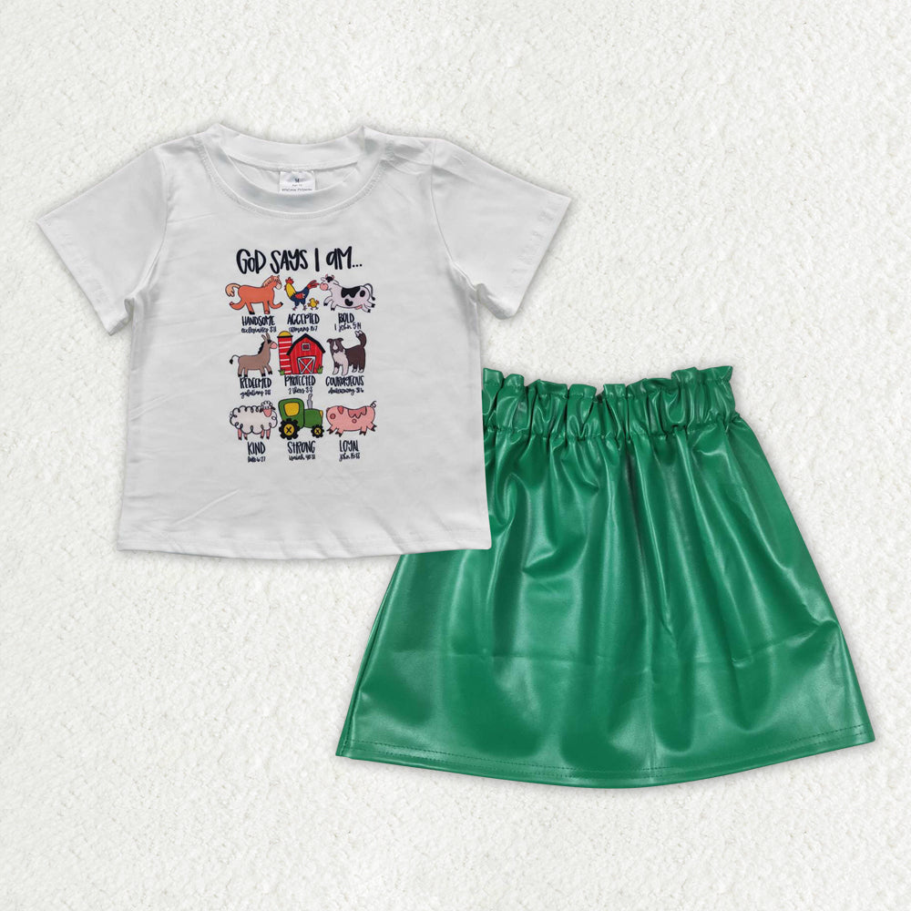 GSD0852 Farm animals short sleeve green leather skirt girls set