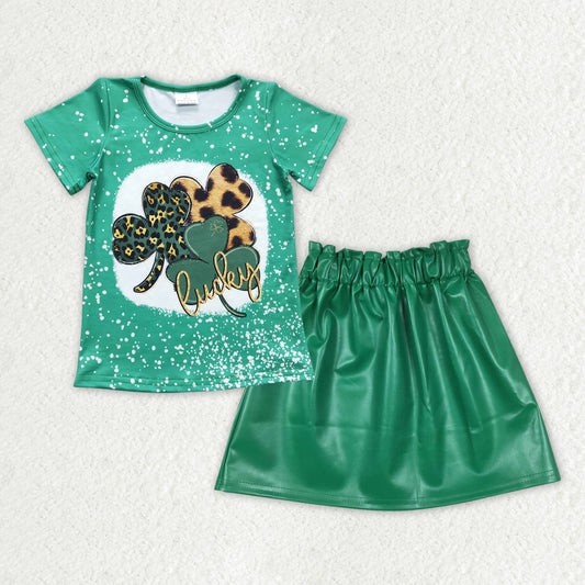 GSD0853 St Patrick clove green short sleeve green leather skirt girls set