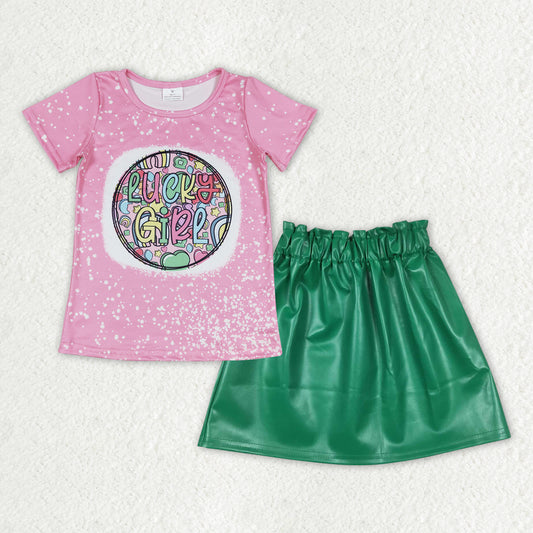 GSD0853 St Patrick lucky girl pink short sleeve green leather skirt girls set