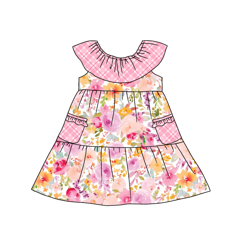 preorder GSD0937 colorful flowers pockets pink flutter sleeve girls dress