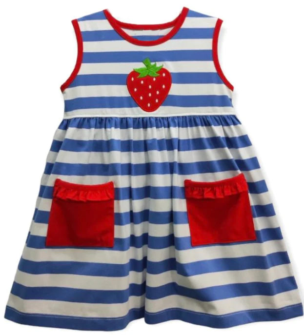 preorder GSD0941 strawberry pockets blue striped sleeveless girls dress